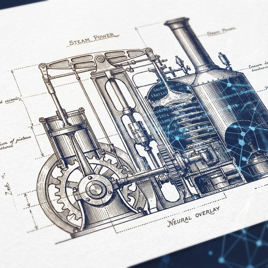 Industrial revolution steam engine overlaid with digital data lines
